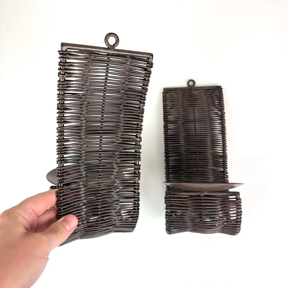 Vintage Pair of Woven Metal Candle Holder Wall Sconces / Rustic Brutalist Decor